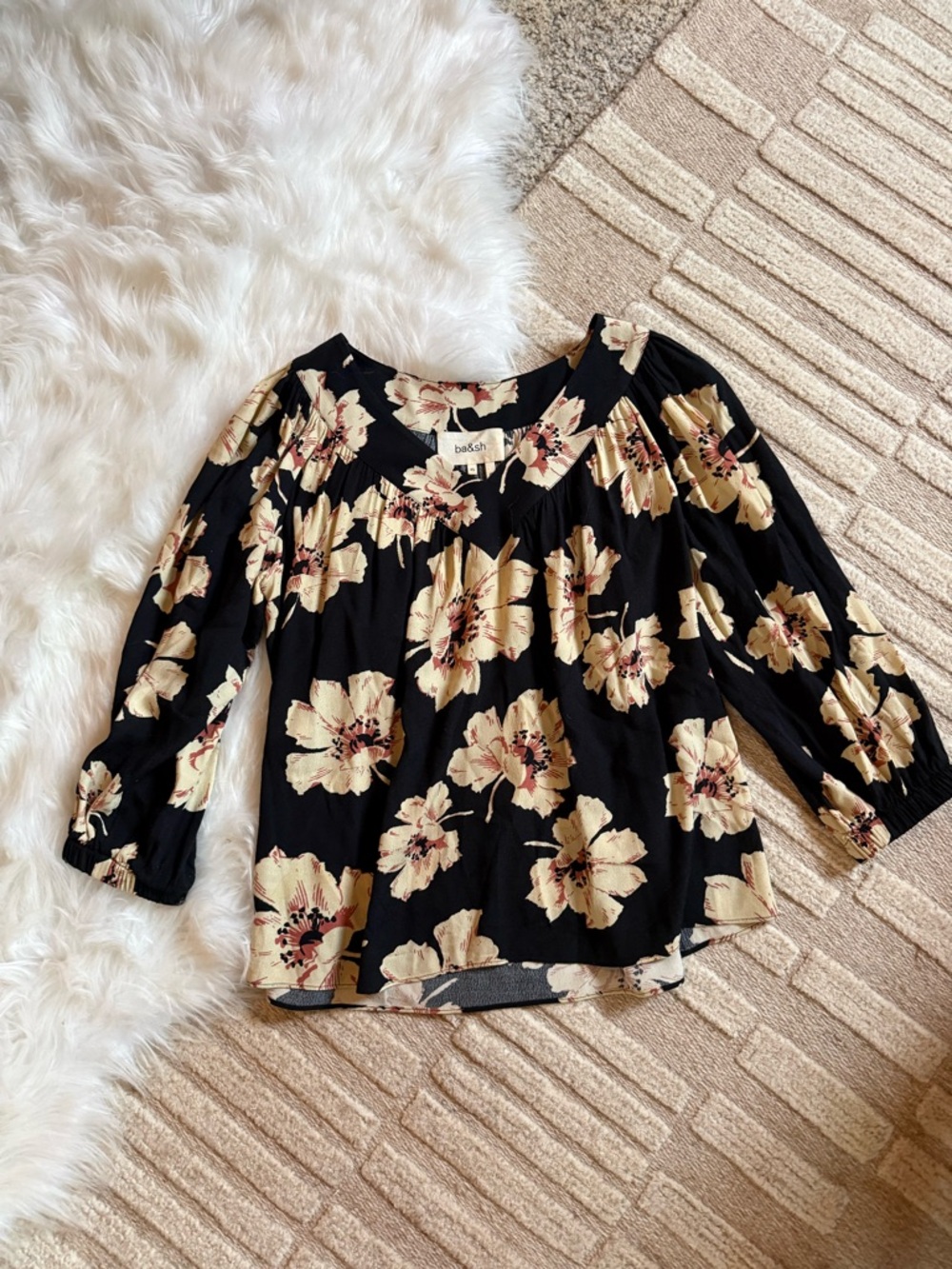 ba&sh Black Floral V-Neck Blouse with Cream Blooms and Pink Centers